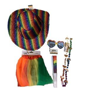 Season of Love Rainbow Festival Cowboy Boa Hat, Necklace, Sunglasses, Fan. New